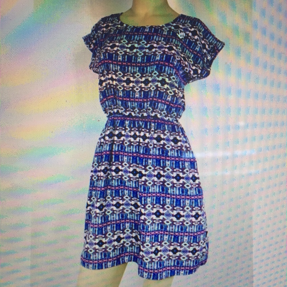 A blue and maroon patterned dress